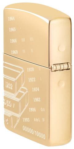 Angled shot of Zippo 2023 Founder's Day Collectible Armor High Polish Brass Windproof Lighter, showing the back and hinge side of the lighter.