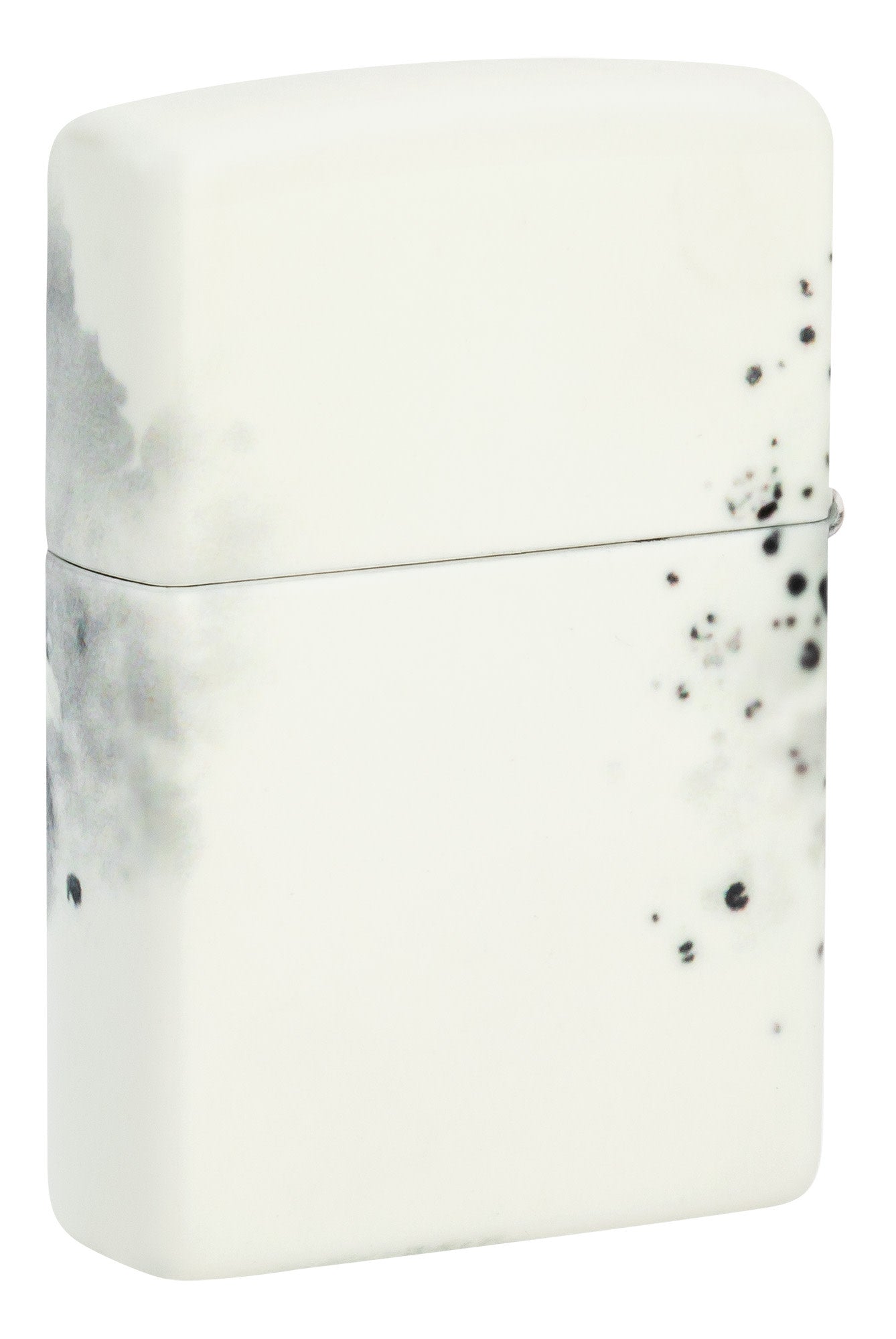 Back shot of Zippo Love Drip Design 540 Color Glow in the Dark Windproof Lighter standing at a 3/4 angle.