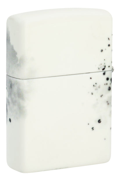 Back shot of Zippo Love Drip Design 540 Color Glow in the Dark Windproof Lighter standing at a 3/4 angle.