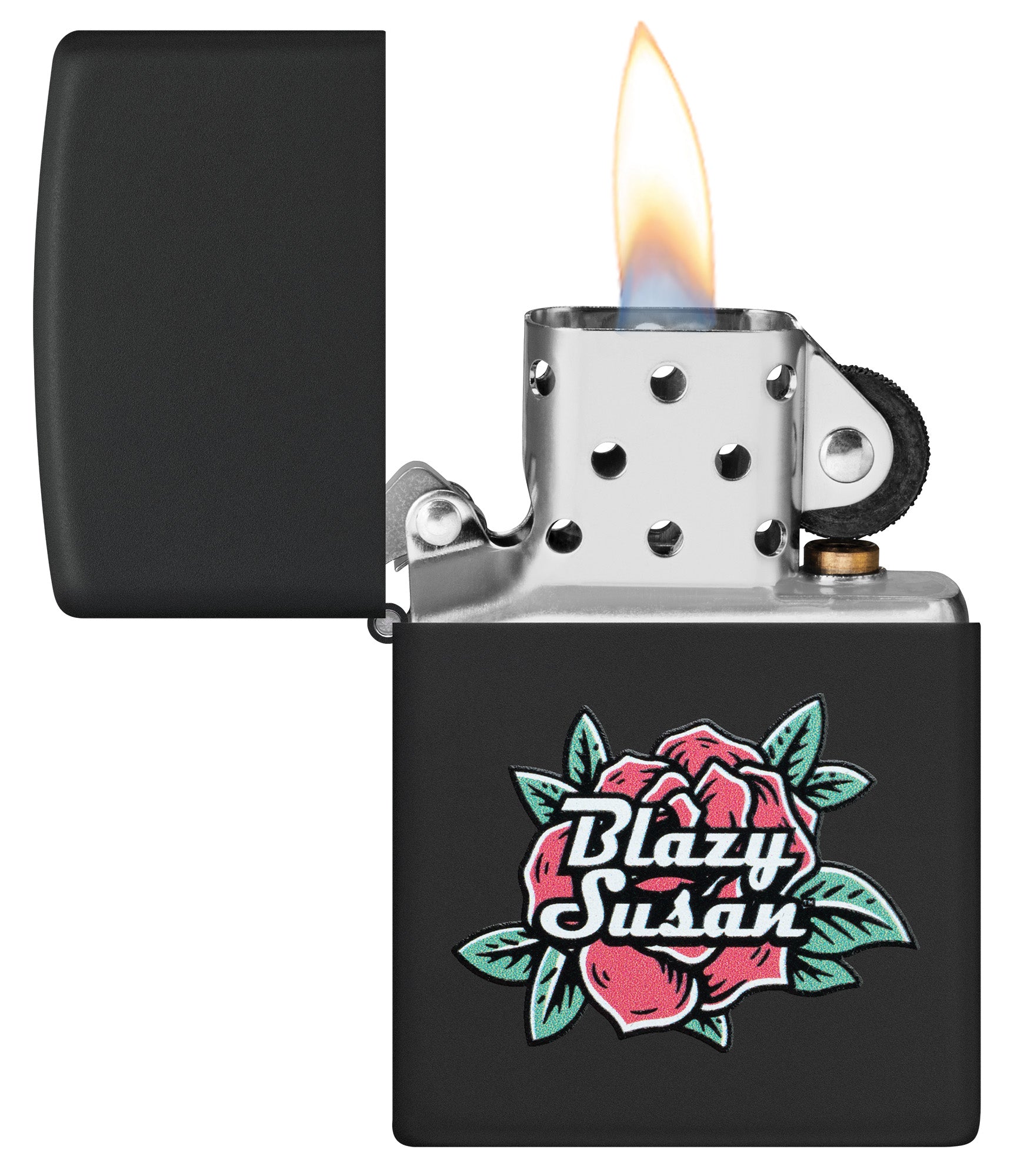 Zippo Blazy Susan™ Logo Design Black Matte Windproof Lighter with its lid open and lit.