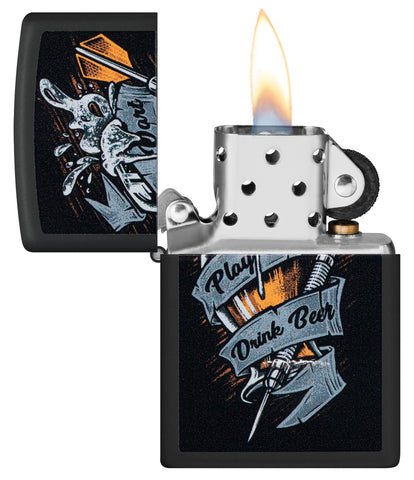 Zippo Darts Design Black Matte Windproof Lighter with its lid open and lit.