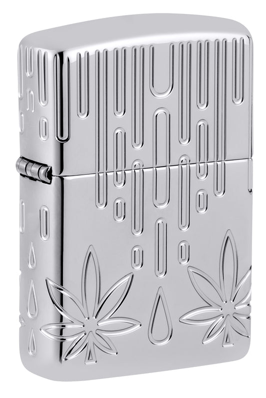 Front shot of Zippo Waxy Leaf Design ArmorÂ® High Polish Chrome Windproof Lighter standing at a 3/4 angle.
