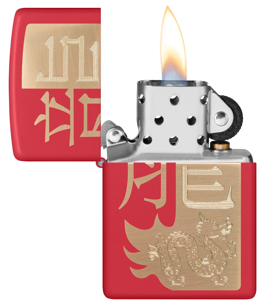 Zippo Year of the Dragon 2024 Red Matte Windproof Lighter with its lid open and lit.