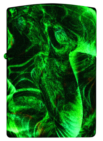 Front shot of Zippo Psychedelic Swirl Design Glow in the Dark Green Matte Windproof Lighter glowing in the dark.