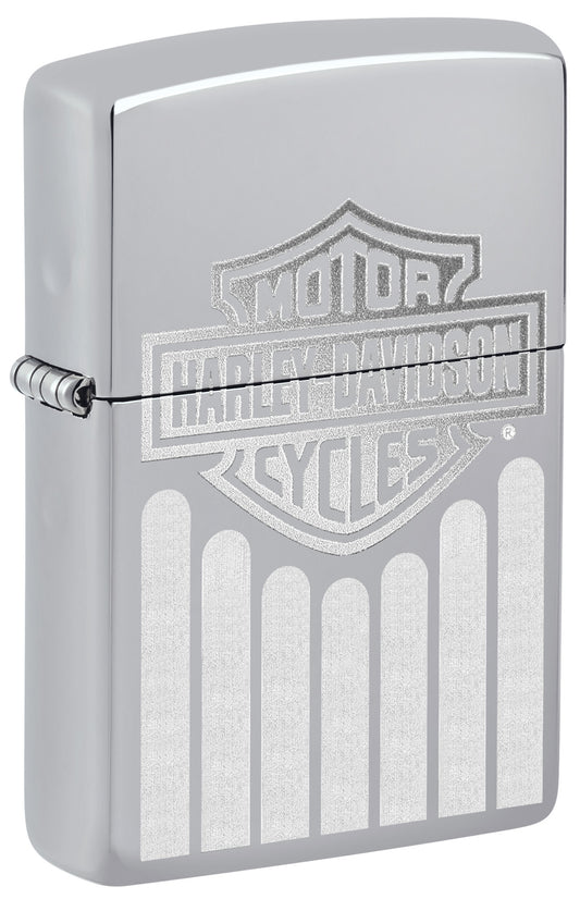 Front view of Zippo Harley-DavidsonÂ® High Polish Chrome Windproof Lighter standing at a 3/4 angle.