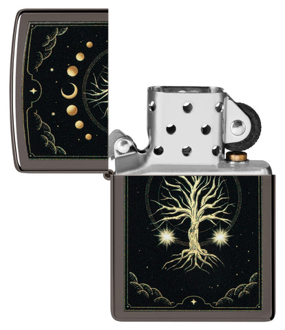 Zippo Mystic Nature Design Black Ice Windproof Lighter with its lid open and unlit.