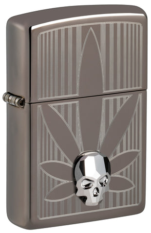 Front shot of Zippo Cannabis Design Black Ice Windproof Lighter standing at a 3/4 angle.