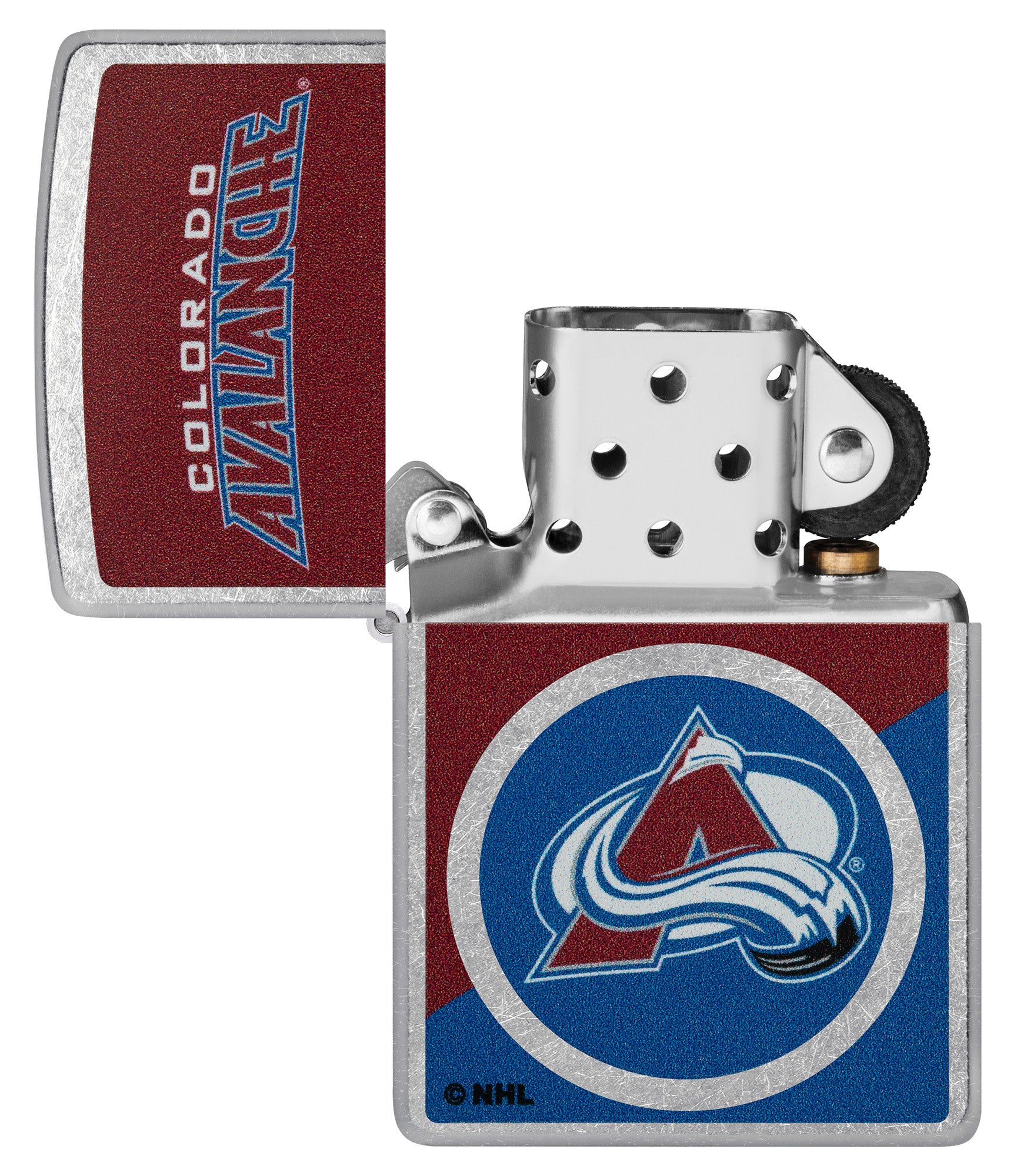 Zippo NHL® Colorado Avalanche® 2024 Street Chrome™ Windproof Lighter lit in hand.