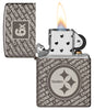 Zippo NFL Pittsburgh Steelers Super Bowl Commemorative Armor Black Ice Windproof Lighter with its lid open and lit.