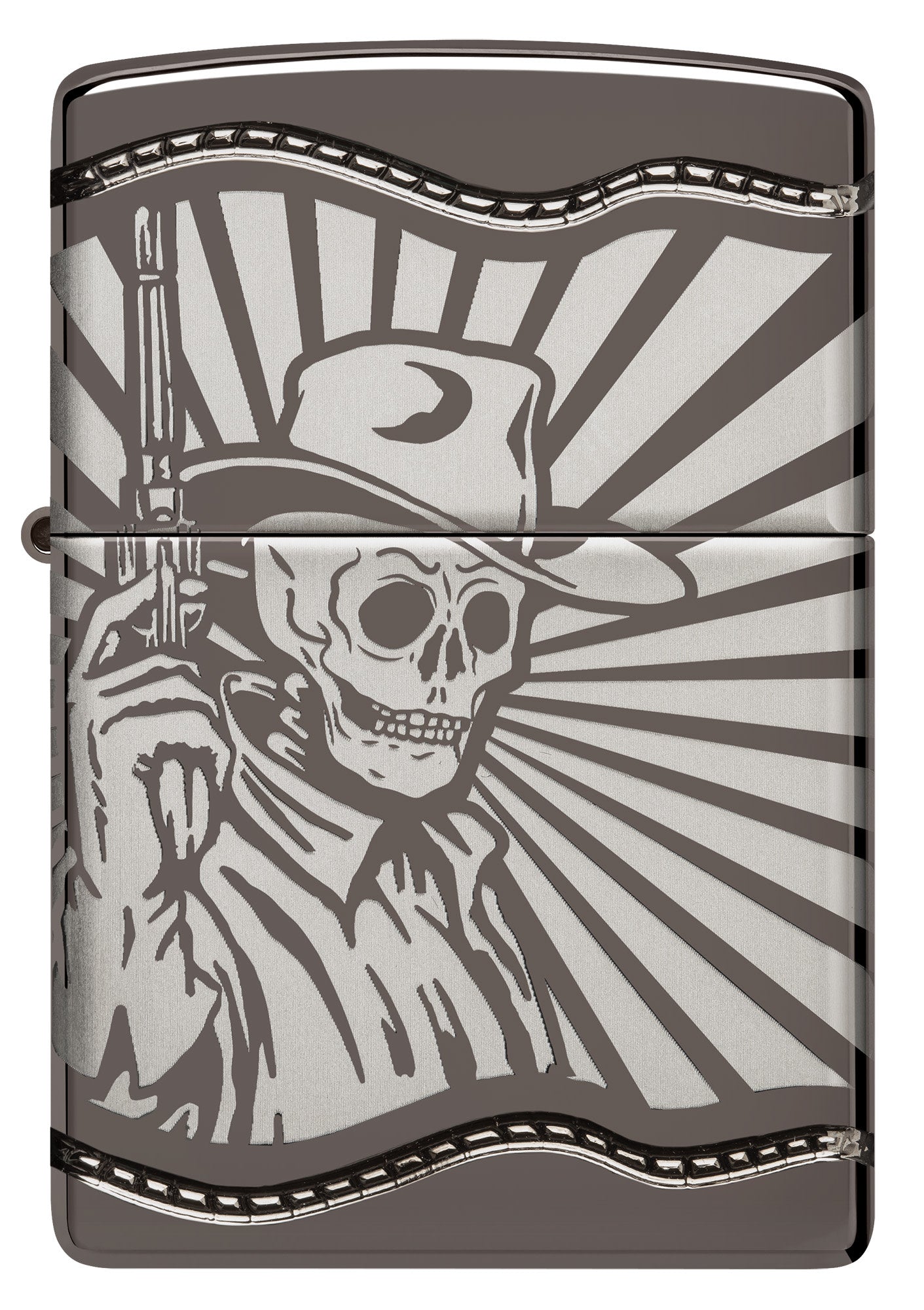 Front shot of Zippo Skeleton Cowboy Design ArmorÂ® Black Ice Windproof Lighter.