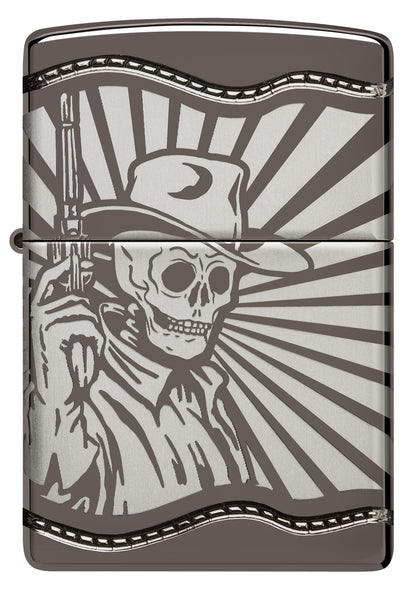 Front shot of Zippo Skeleton Cowboy Design ArmorÂ® Black Ice Windproof Lighter.
