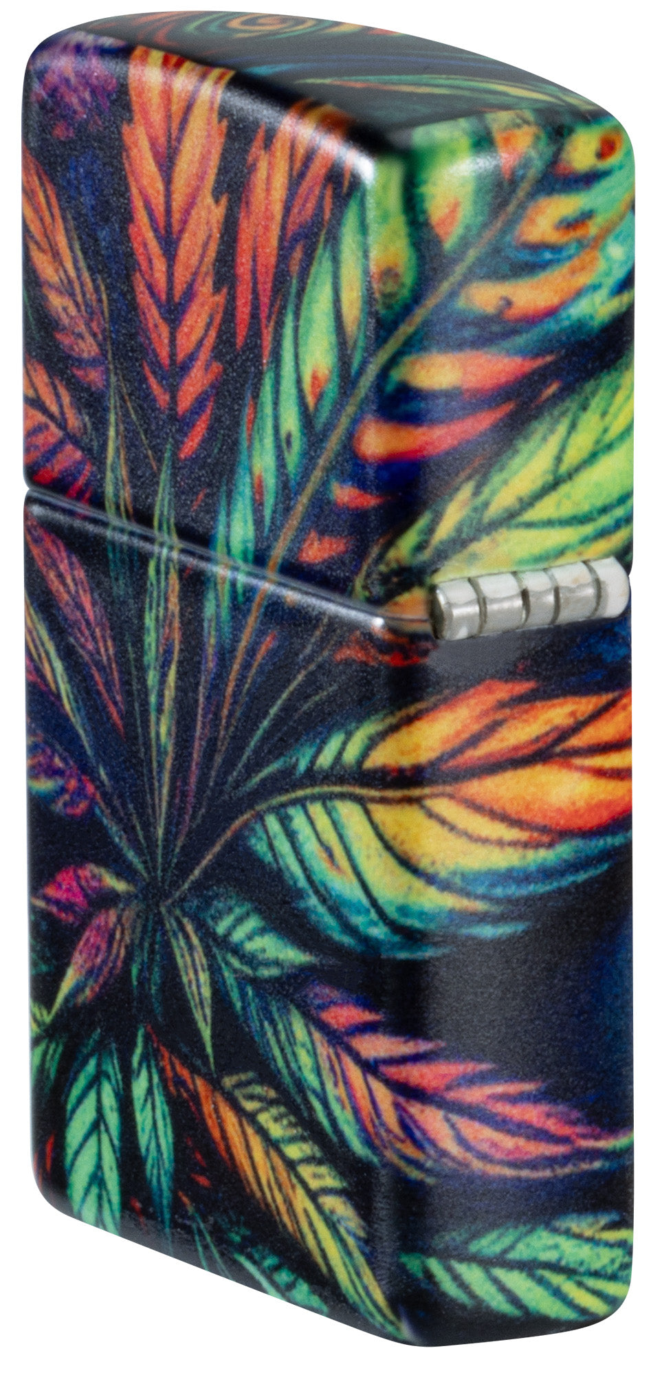 Angled shot of Zippo Cannabis Camo Design 540 Matte Windproof Lighter showing the back and hinge sides of the lighter.