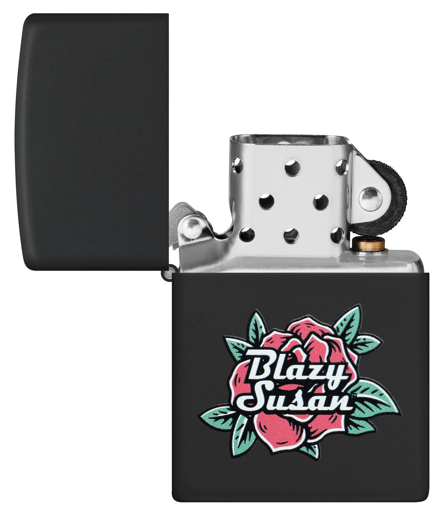 Zippo Blazy Susan™ Logo Design Black Matte Windproof Lighter with its lid open and unlit.