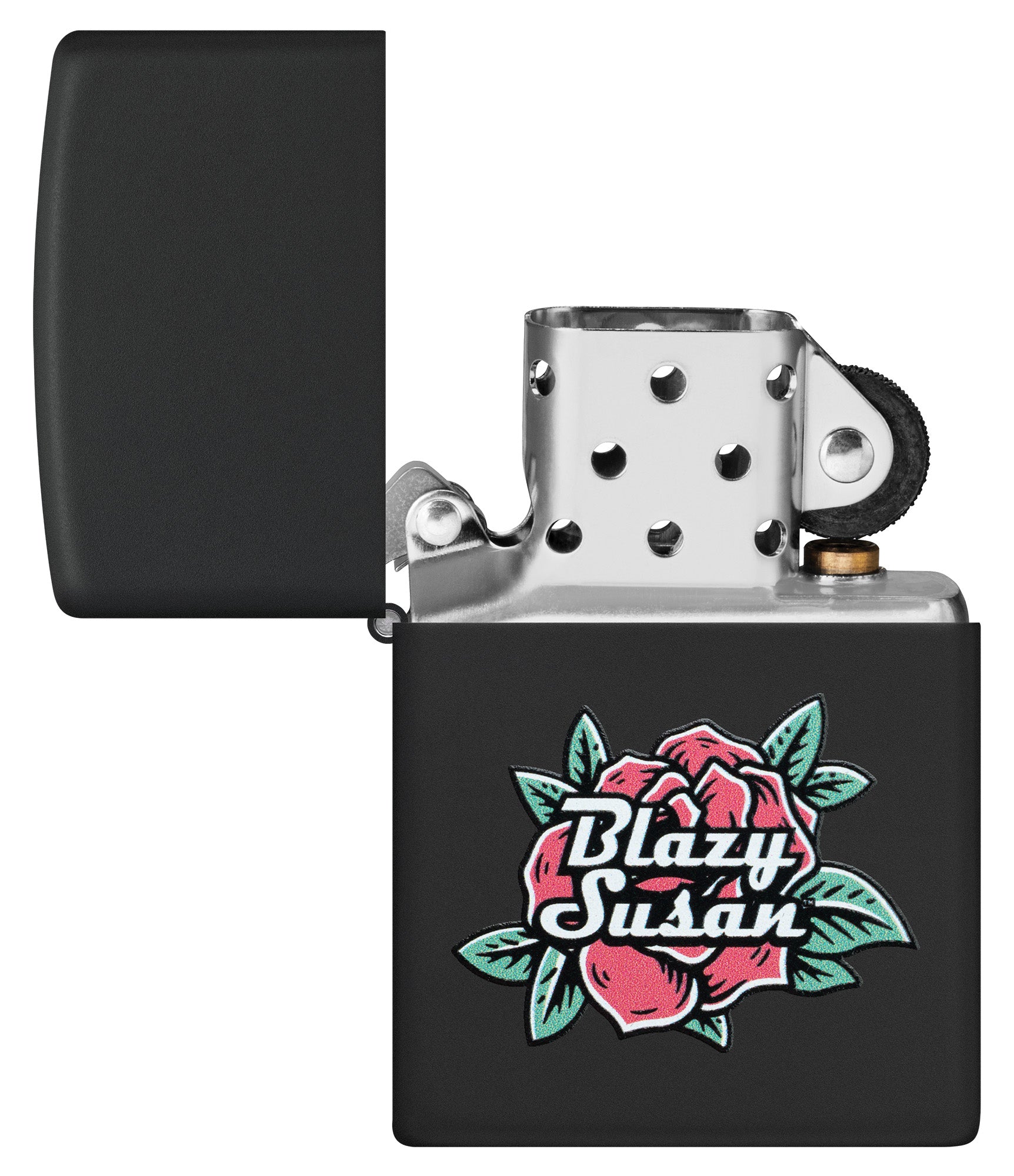 Zippo Blazy Susan™ Logo Design Black Matte Windproof Lighter with its lid open and unlit.