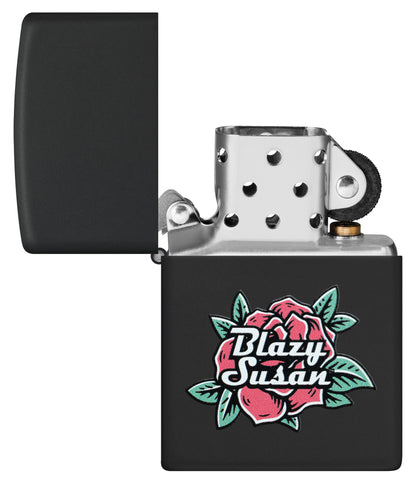 Zippo Blazy Susan™ Logo Design Black Matte Windproof Lighter with its lid open and unlit.