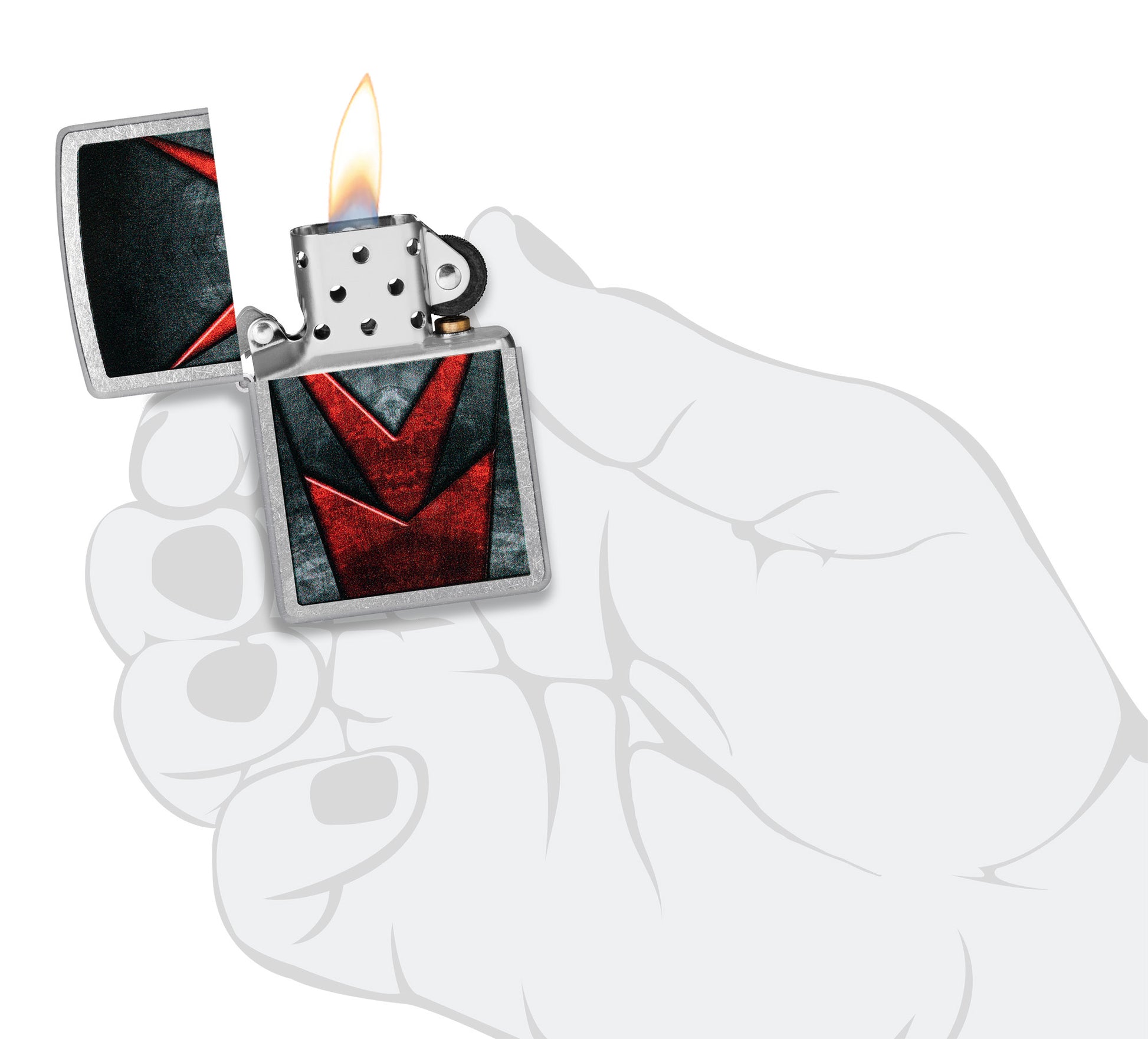 Zippo Metallic Pattern Design Street Chrome Windproof Lighter lit in hand.