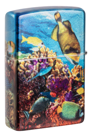 Back shot of Zippo Deep Sea Design 540 Tumbled Chrome Windproof Lighter standing at a 3/4 angle.