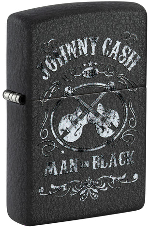 Front view of Zippo Johnny Cash Black Crackle Windproof Lighter standing at a 3/4 angle.