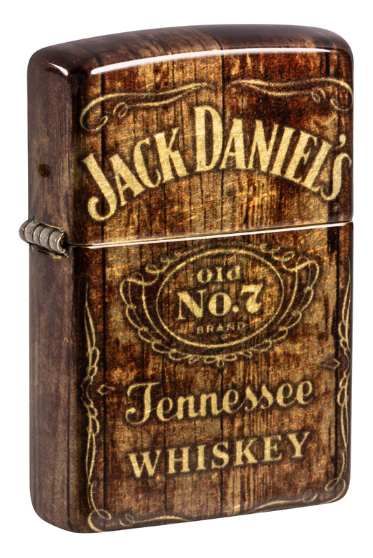 Front shot of Zippo Jack Daniel'sÂ® Barrel Design 540 Tumbled Brass Windproof Lighter standing at a 3/4 angle.