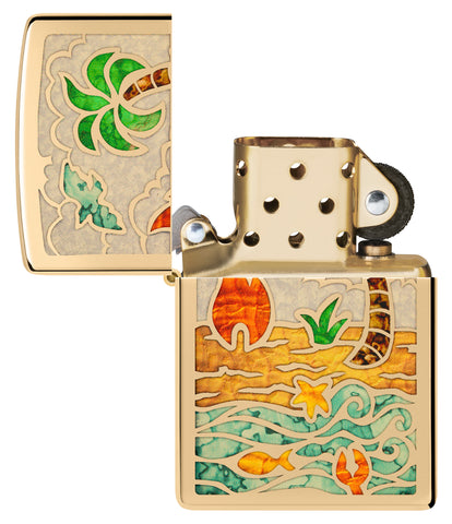 Zippo Beach Day Design High Polish Brass Windproof Lighter with its lid open and unlit.