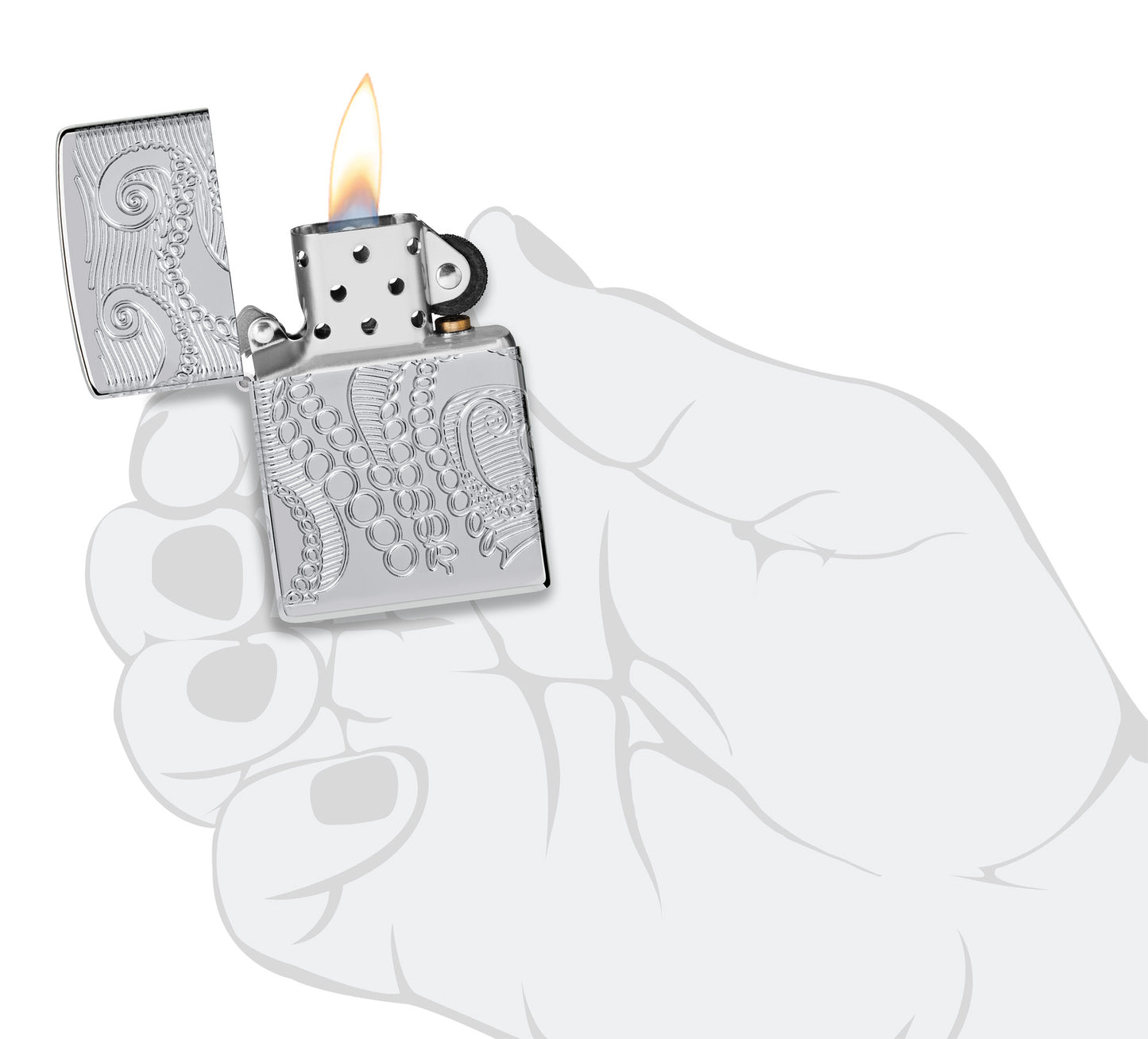 Zippo Tentacles Design ArmorÂ® High Polish Chrome Windproof Lighter lit in hand.