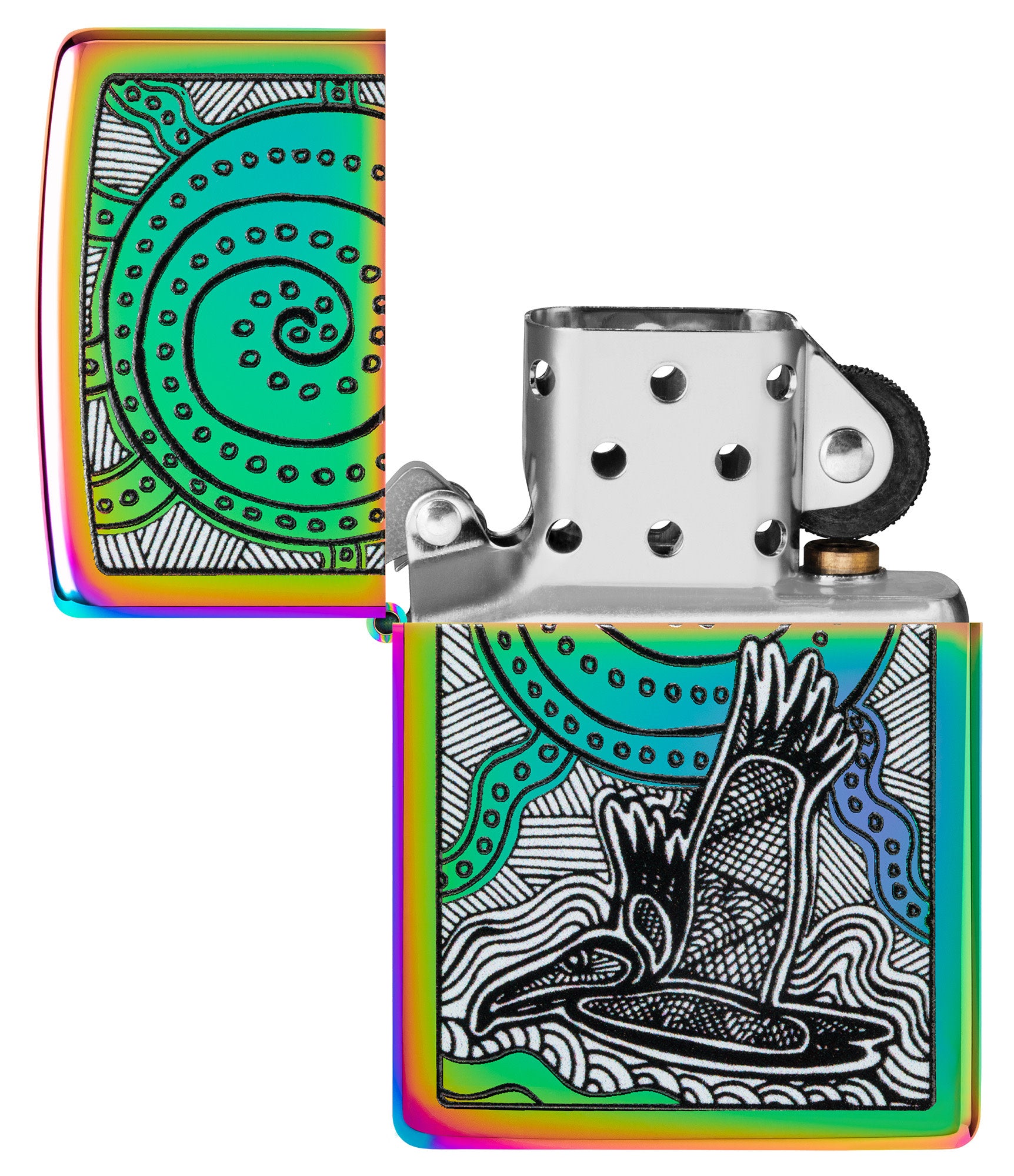 Zippo John Smith Gumbula Multi-Color Windproof Lighter with its lid open and unlit.