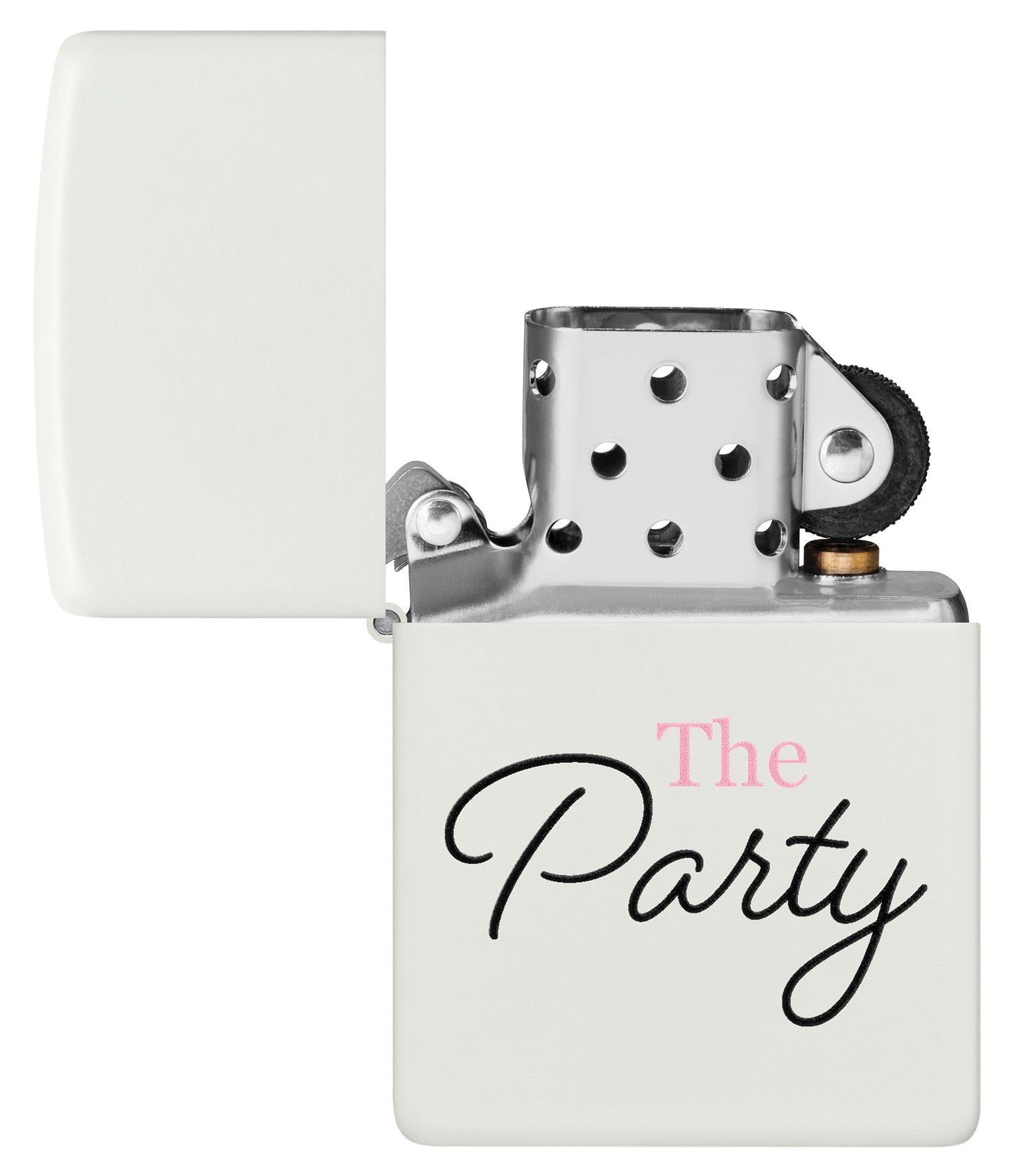 The Wedding Party Windproof Lighter with its lid open and unlit