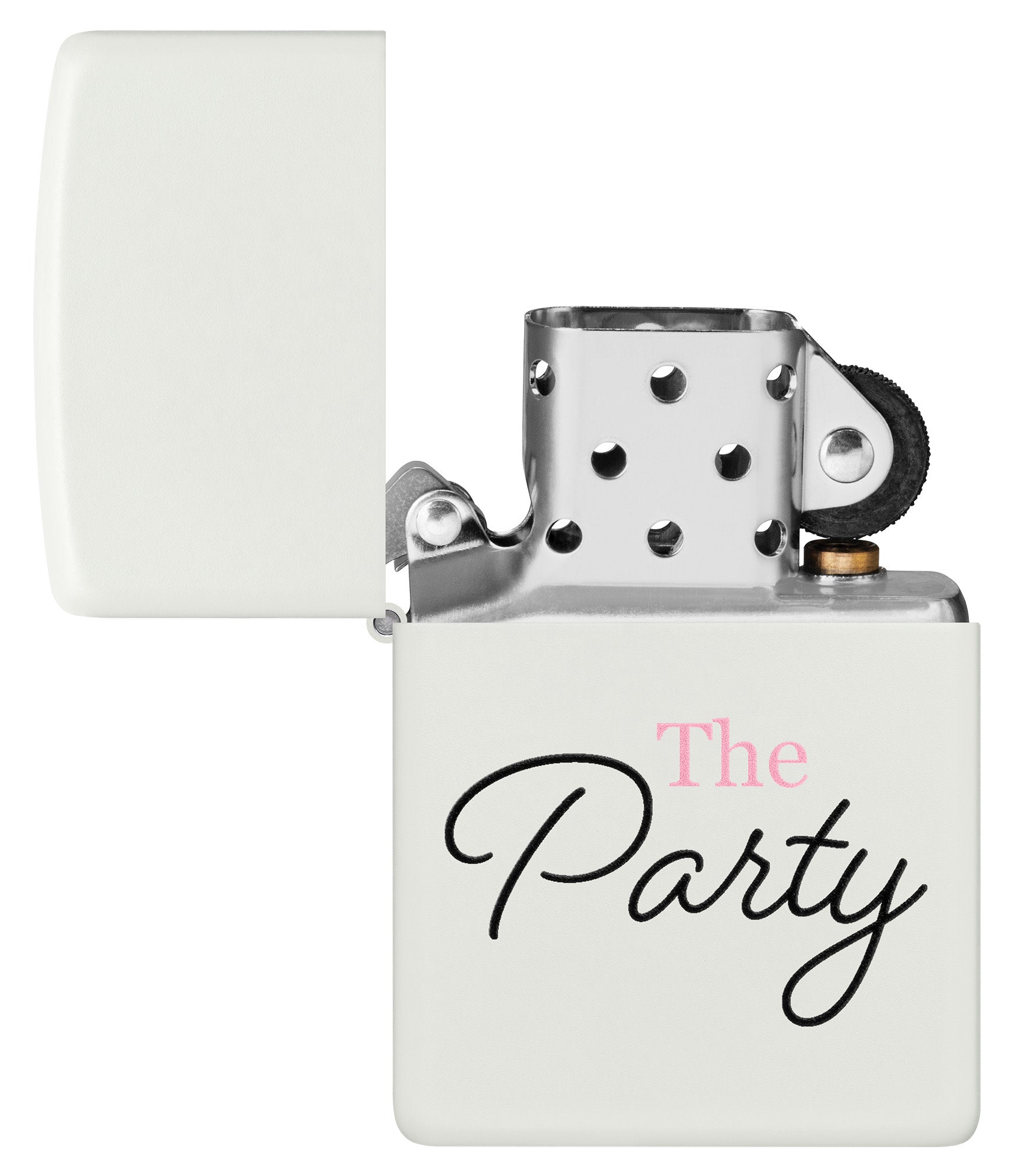 The Wedding Party Windproof Lighter with its lid open and unlit