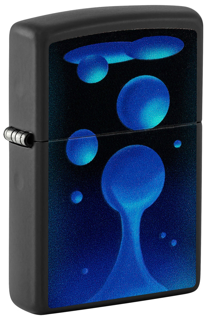 Front shot of Zippo Black Light Lava Lamp Design Black Matte Windproof Lighter standing at a 3/4 angle.