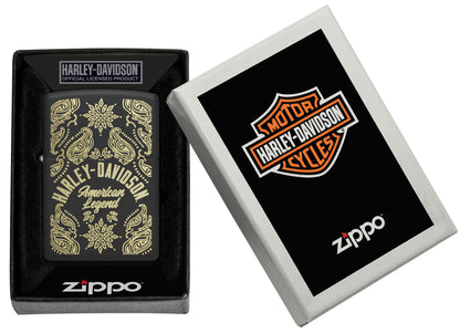 Zippo Harley-DavidsonÂ® American Legend Black Matte Windproof Lighter in its packaging.