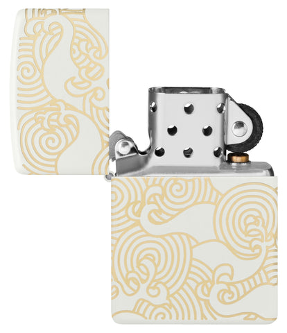 Zippo Waves Design White Matte Pocket Lighter with its lid open and unlit.