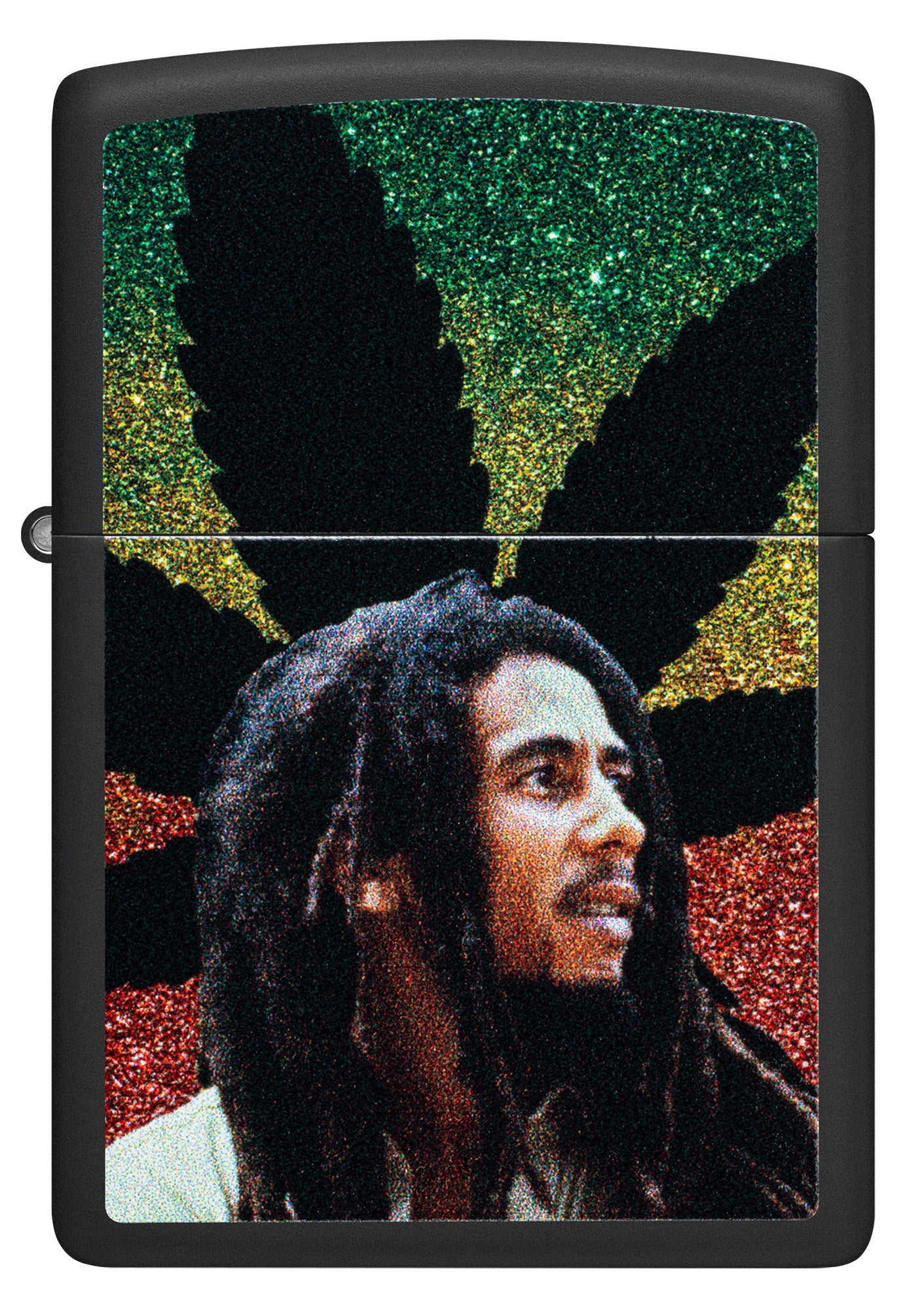 Front view of Zippo Bob Marley Cannabis Design Black Matte Windproof Lighter.