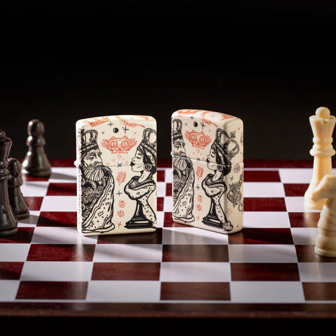 Lifestyle image of Zippo Checkmate Design 540 Matte Windproof Lighter standing on a chess board.