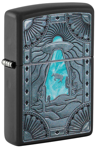 Front shot of Zippo UFO Cow Black Matte Windproof Lighter standing at a 3/4 angle.