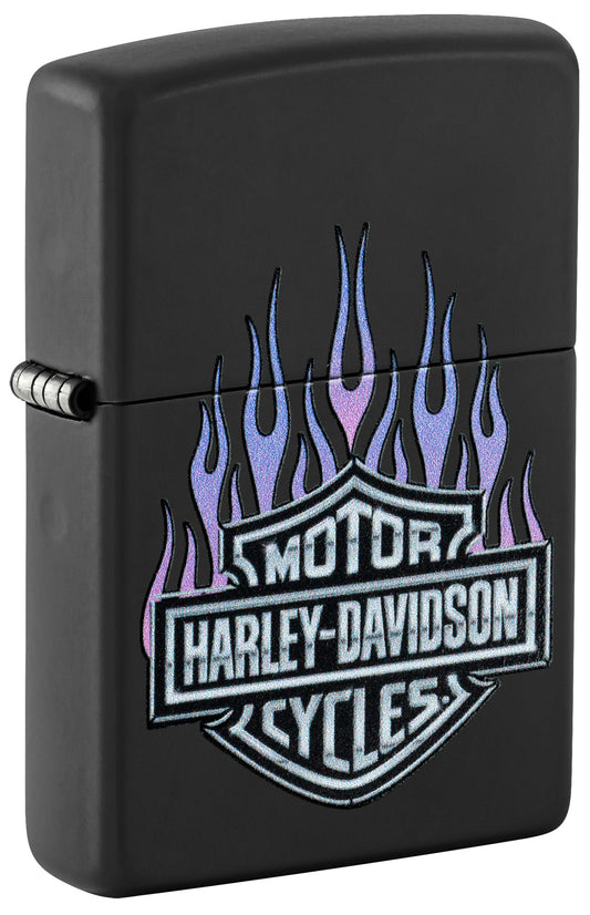 Front shot of Zippo Harley DavidsonÂ® Flames Black Matte Windproof Lighter standing at a 3/4 angle.