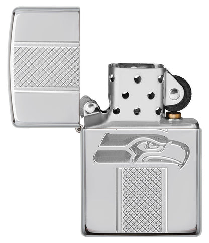 NFL Seattle Seahawks Deep Carve Collectible Windproof Lighter with its lid open and lit