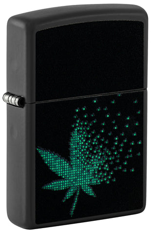 Front shot of Zippo Black Light Pixel Cannabis Design Black Matte Windproof Lighter standing at a 3/4 angle.