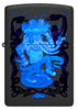 Front view of Zippo Black Light Rick Rietveld Design Black Martte Windproof Lighter glowing.