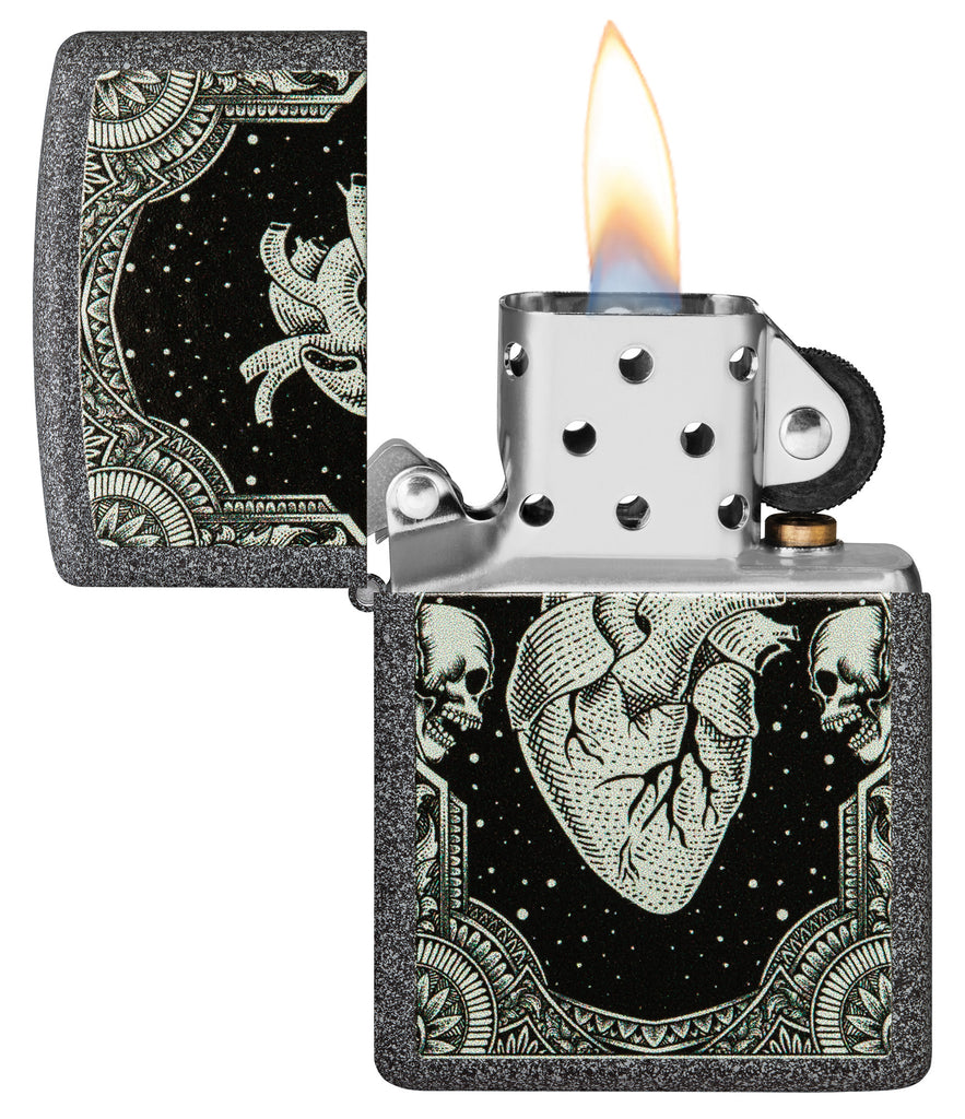 Zippo Heart Design Iron Stone Pocket Lighter with its lid open and lit.