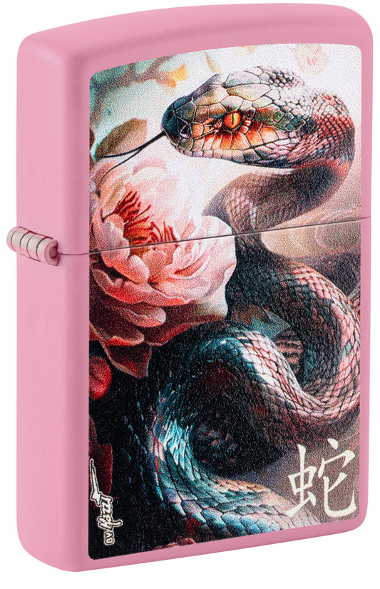 Front shot of Zippo MazziÂ® Snake and Flower Design Pink Matte Windproof Lighter standing at a 3/4 angle.