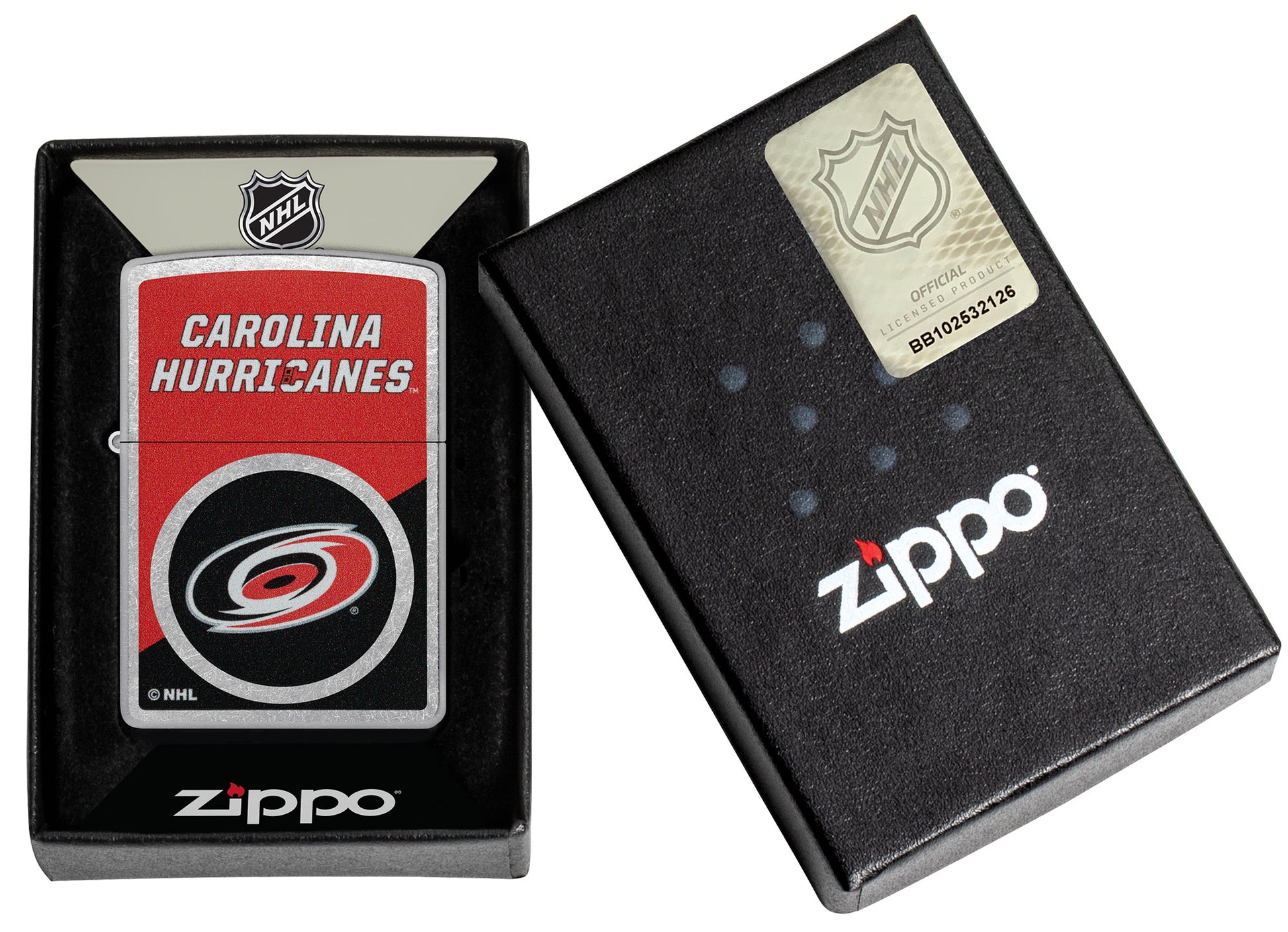 Zippo NHL® Carolina Hurricanes® 2024 Street Chrome™ Windproof Lighter in its packaging.