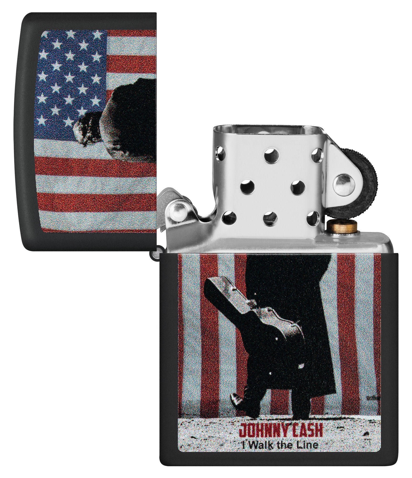 Zippo Johnny Cash Walk the Line Black Matte Windproof Lighter with its lid open and unlit.