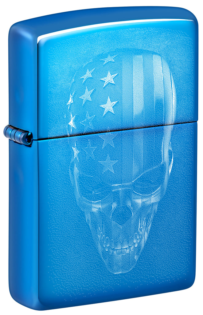 Front shot of Zippo American Skull Design High Polish Blue Windproof Lighter standing at a 3/4 angle.
