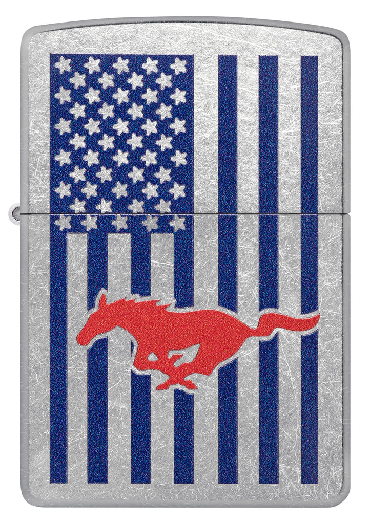 Front shot of Zippo Ford Mustang American Flag Street Chrome Windproof Lighter.