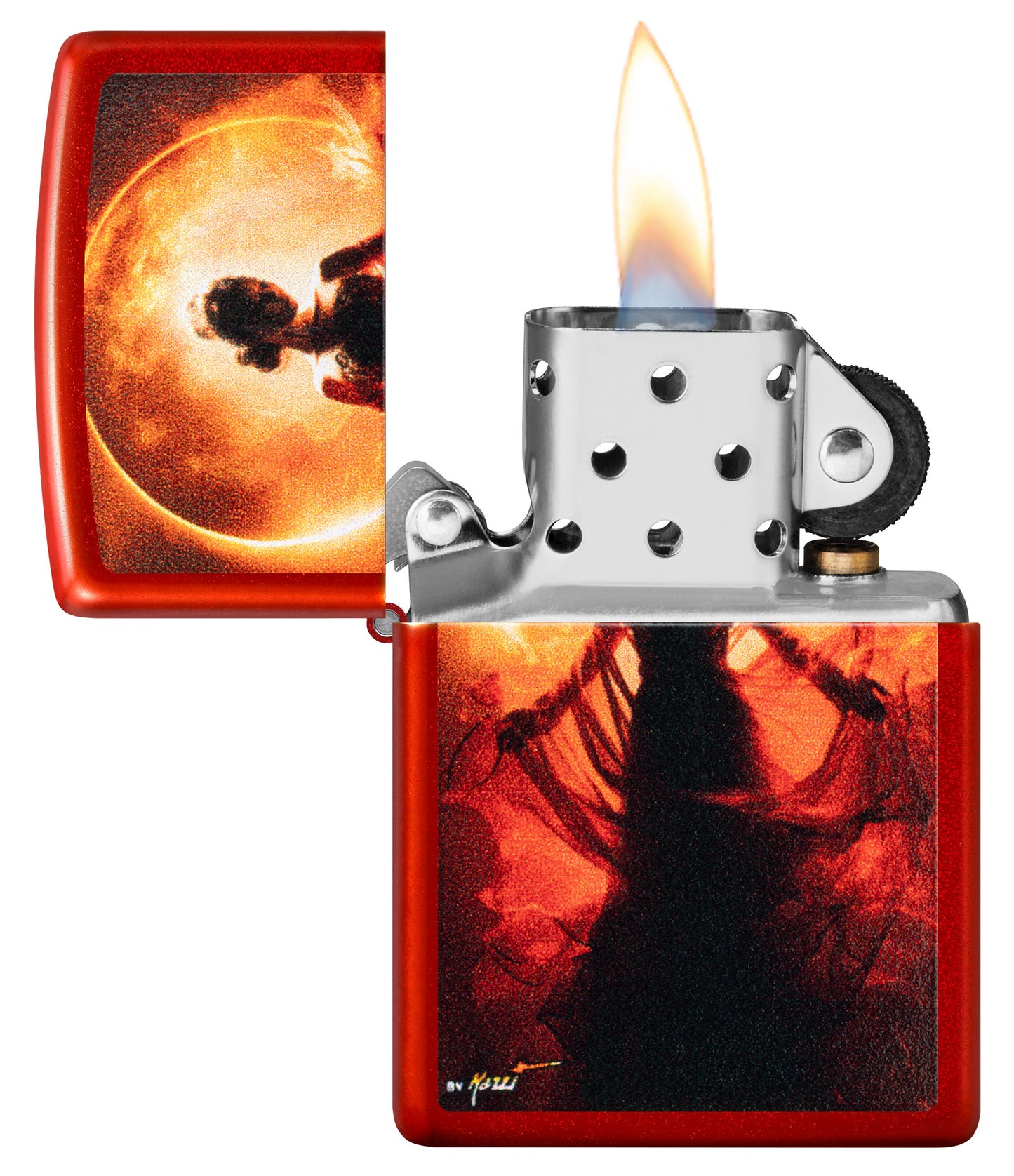 Zippo MazziÂ® Woman Silhouette Metallic Red Windproof Lighter with its lid open and lit.