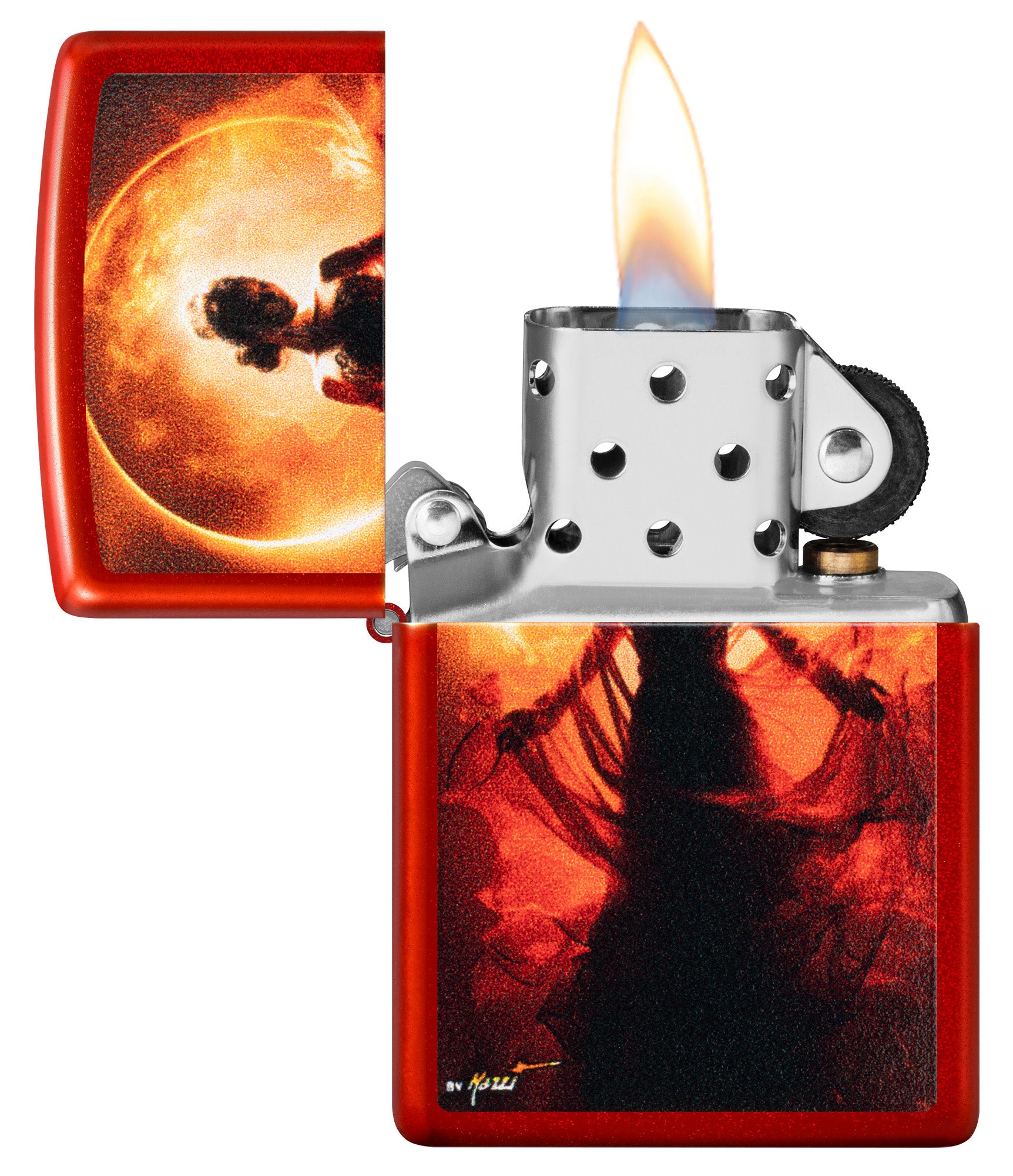 Zippo MazziÂ® Woman Silhouette Metallic Red Windproof Lighter with its lid open and lit.
