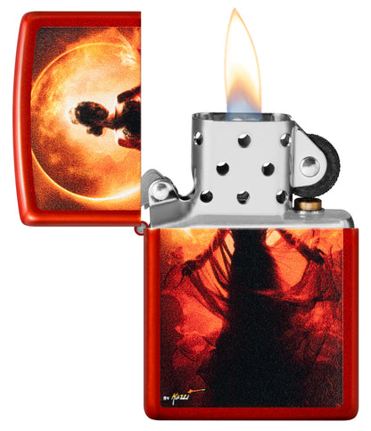Zippo MazziÂ® Woman Silhouette Metallic Red Windproof Lighter with its lid open and lit.