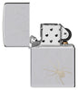 Zippo Spider Web Design High Polish Chrome Windproof Lighter with its lid open and unlit.