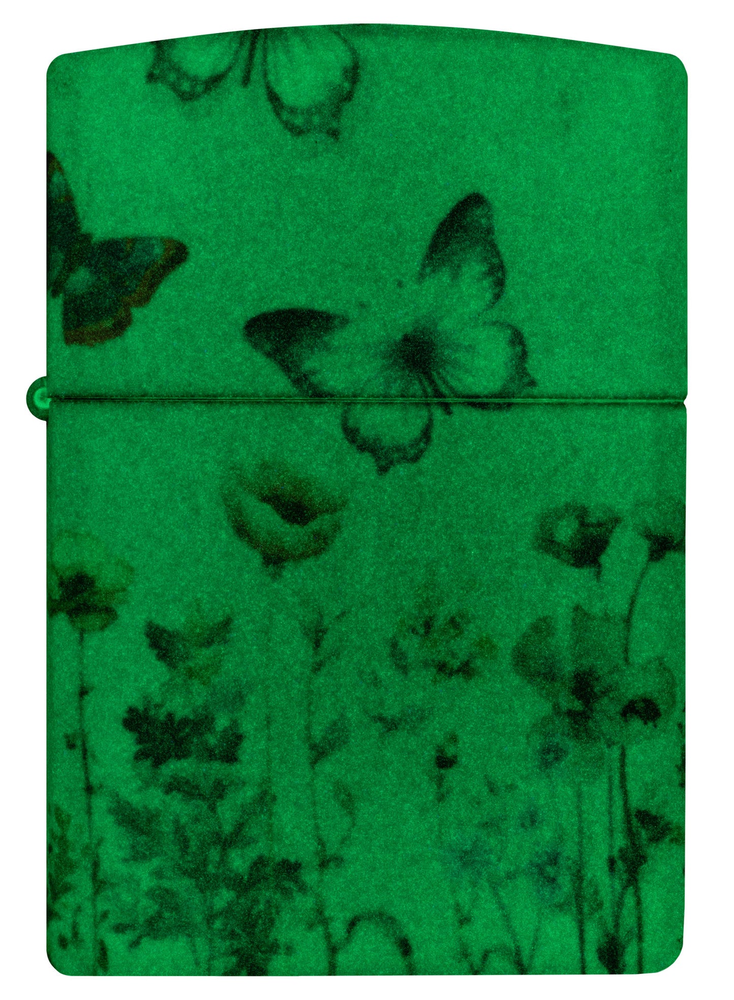 Front view of Zippo Glowing Butterflies Design Glow in the Dark Windproof Lighter glowing in the dark.
