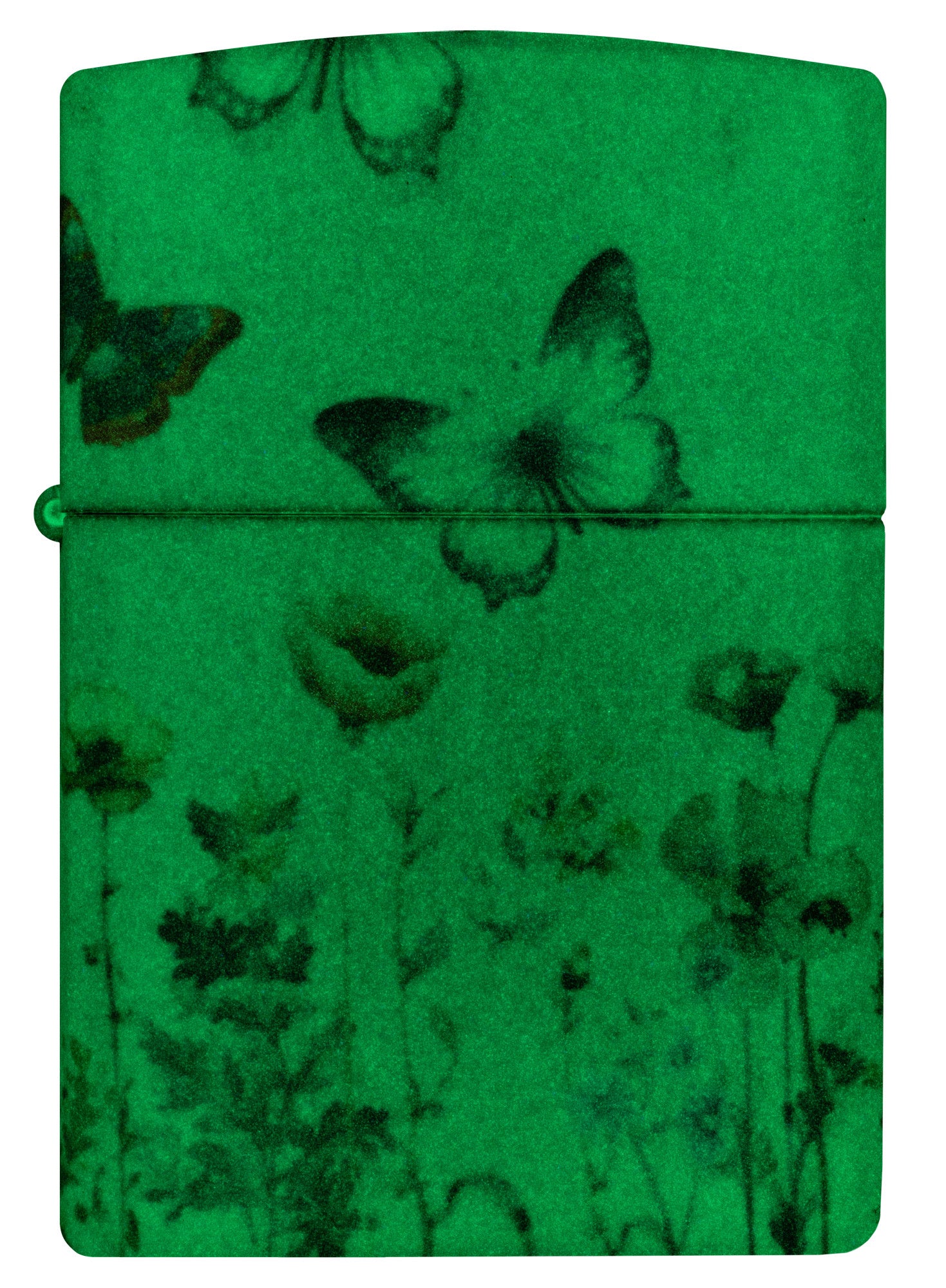 Front view of Zippo Glowing Butterflies Design Glow in the Dark Windproof Lighter glowing in the dark.